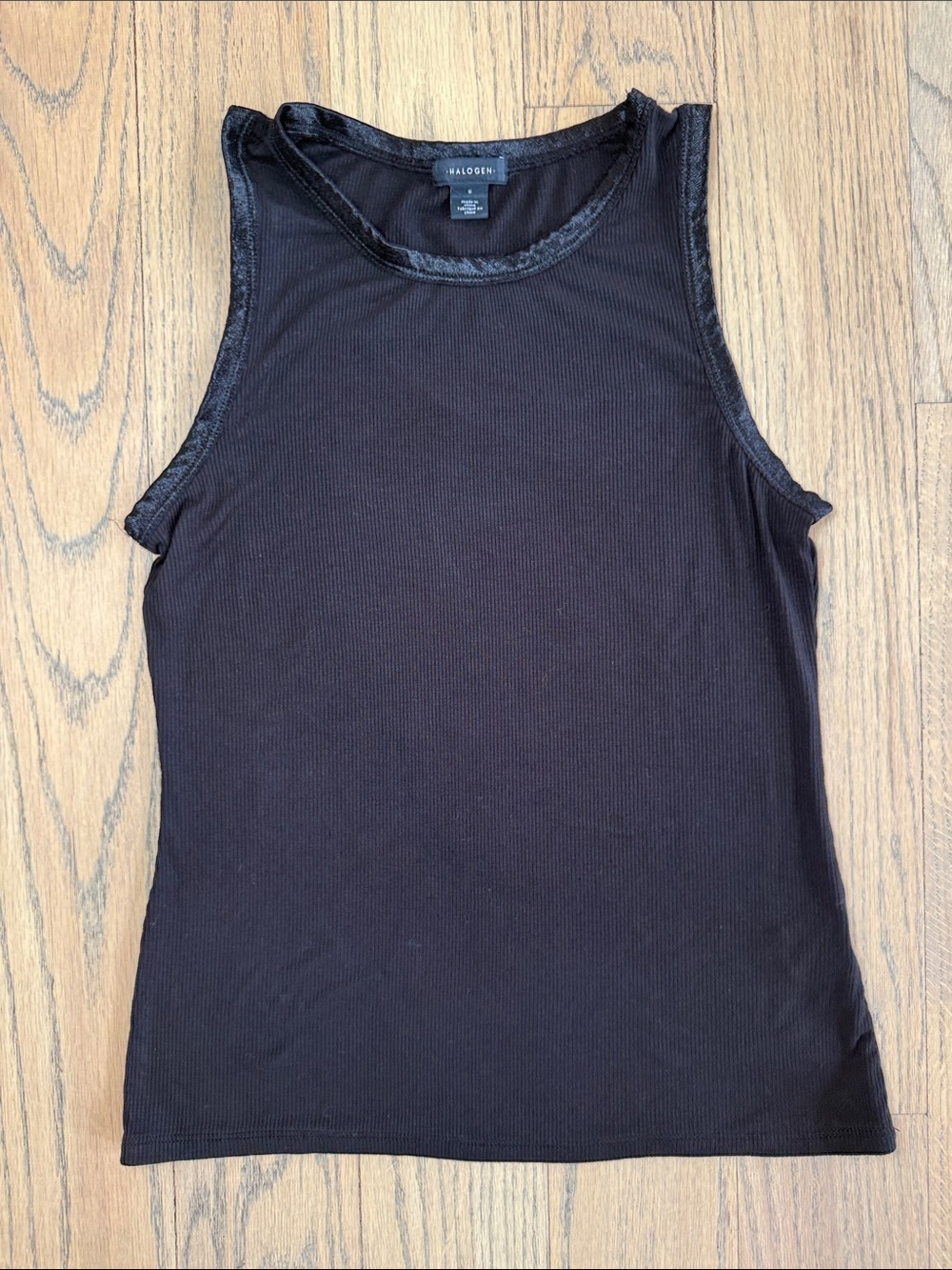 Halogen Women’s Black Ribbed Crewneck Tank with Shimmer on Sleeves Size Small